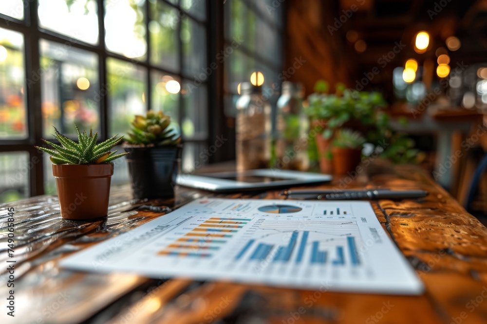 An image capturing a business report with charts on wooden cafe table, alongside cactus and blurred background