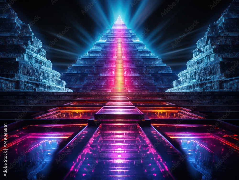 Medium shot of Aztec pyramid edges highlighted with neon creating a ...