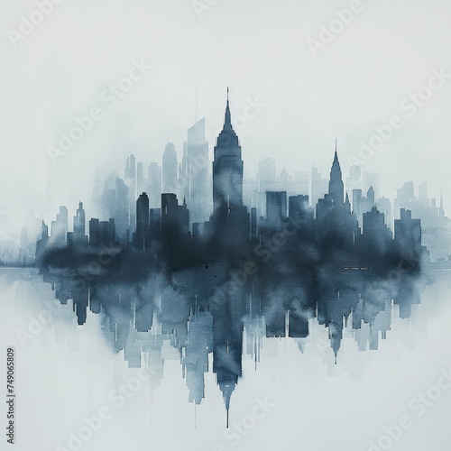 Medium shot of a solitary watercolor painting depicting a minimalist cityscape representing urban skyline minimal art minimalist the city in washes