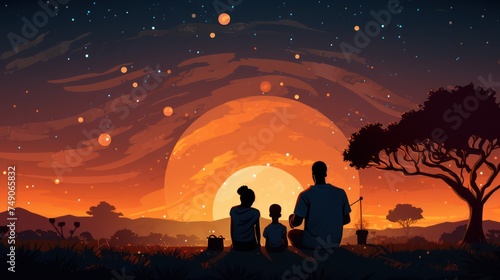 Medium shot of an African family watching stars in their backyard 2D flat design connecting family time with the wonder of the cosmos