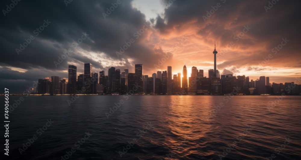  Cityscape at sunset with dramatic clouds and reflection on water