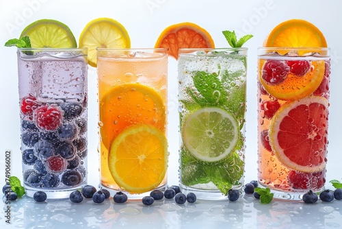 Array of sparkling water with fresh fruits and berries, a healthy and refreshing choice