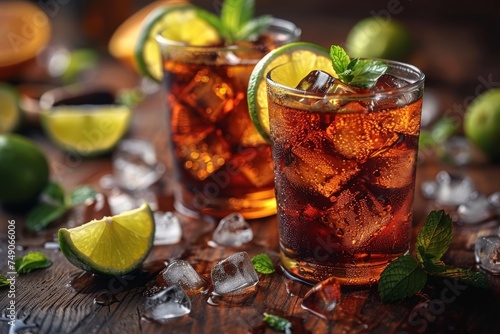 Iced tea with lime slices and mint leaves in a wooden setting, embodies comfort and relaxation
