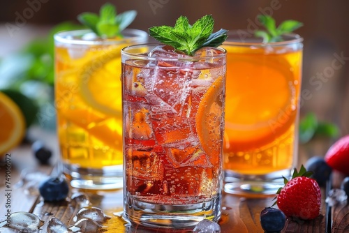 Sparkling close up of three drinks showing bubbles and vibrant fruit slices reflecting freshness and indulgence