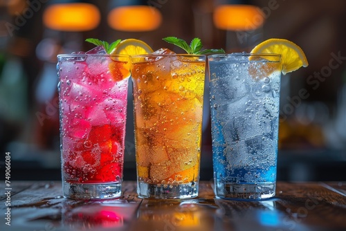 Side by side chilled beverages in highball glasses with vibrant colors and garnishes highlighting social drinking photo