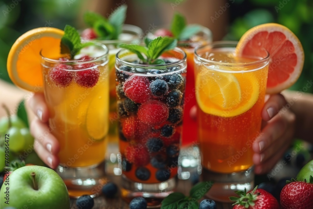 Close-up of hands holding glasses with fruit and berry mixed drinks, conveying community and sharing Close-up of hands holding glasses with fruit and berry mixed drinks, conveying community and sharing