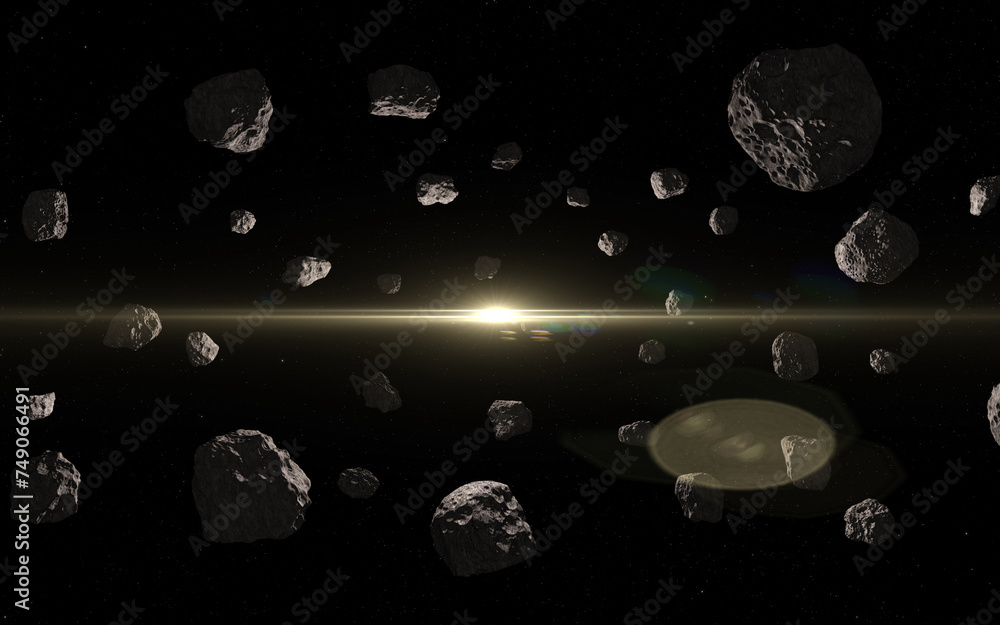 Asteroids in deep outer space and sun. Asteroid belt and sun. Dark outer space, meteorites or debris of a destroyed planet and sun.