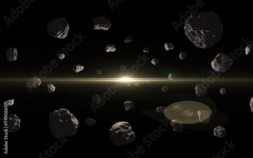 Obraz na płótnie Asteroids in deep outer space and sun. Asteroid belt and sun. Dark outer space, meteorites or debris of a destroyed planet and sun. w salonie