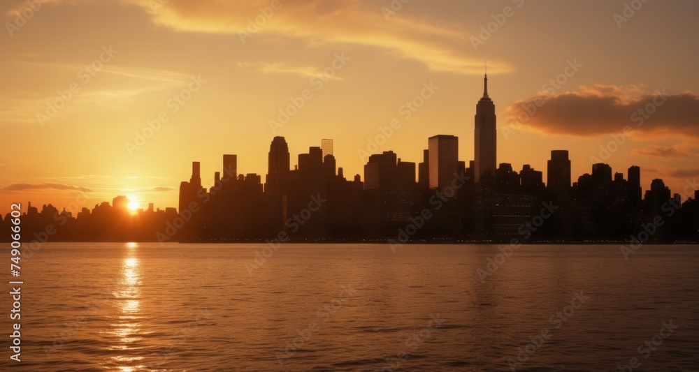  Sunset over a city skyline with iconic skyscrapers