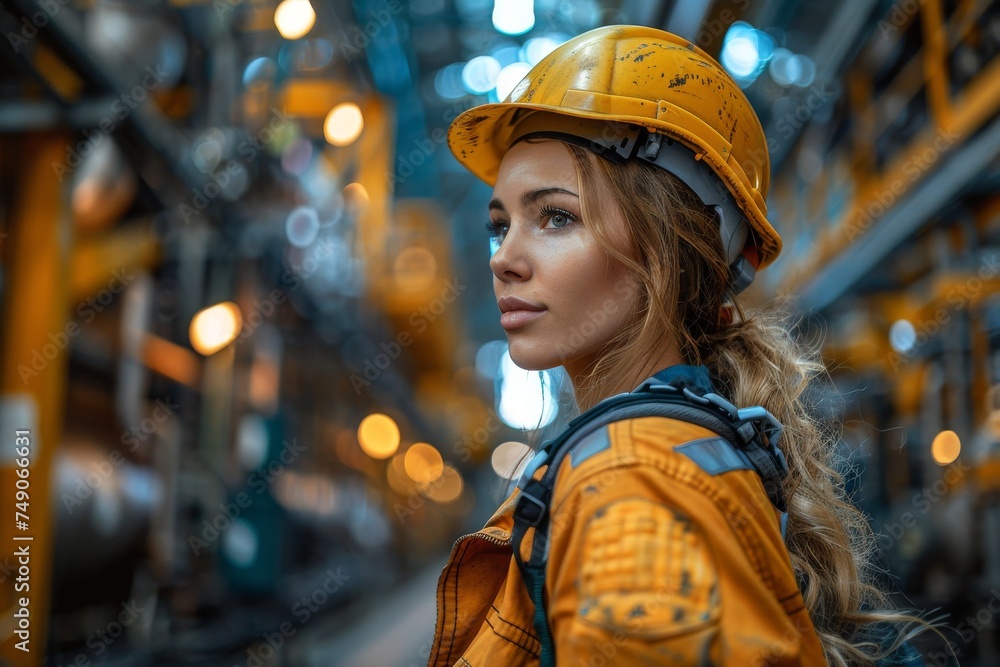 Attractive female engineer with helmet in a factory setting Attractive female engineer with helmet in a factory setting