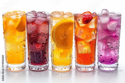 A vivid lineup of five colorful refreshing drinks with differing fruit garnishes on a pristine white backdrop photo