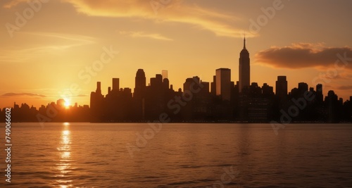  Sunset over a city skyline with iconic skyscrapers © vivekFx