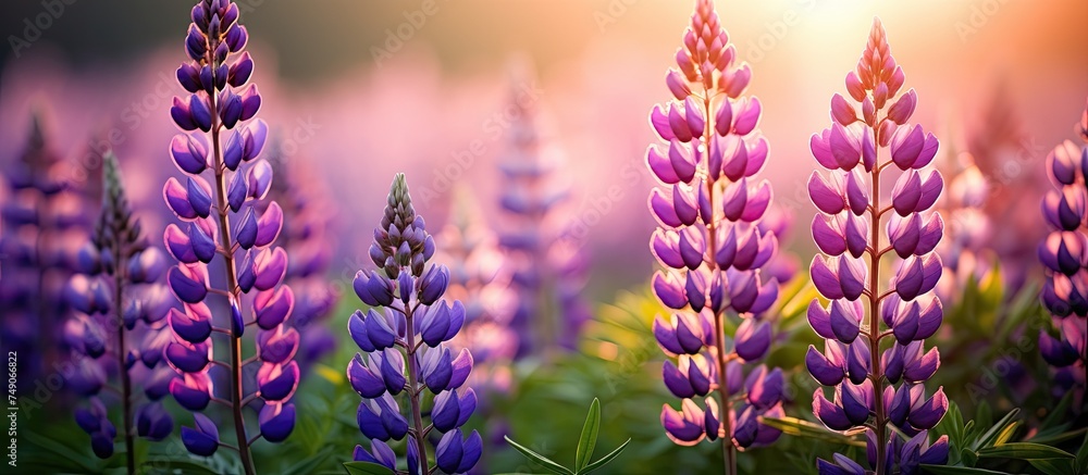 Obraz premium A field of vibrant purple lupine flowers illuminated by the morning sun in the springtime.