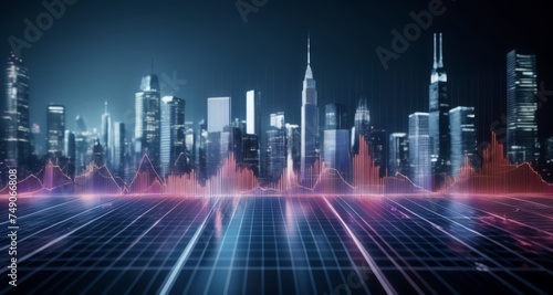  Cityscape at night with digital grid overlay  symbolizing technology and urban connectivity
