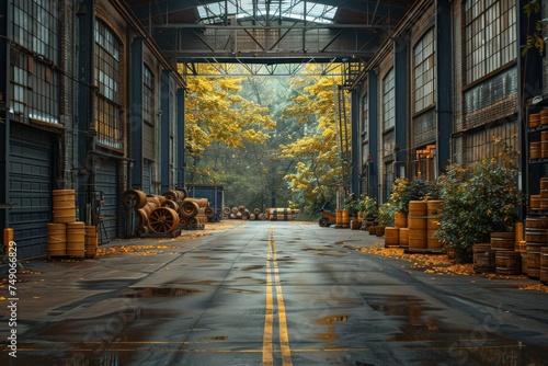 A serene warehouse alley with barrels and yellow autumn leaves visible through the open door, embodying change photo