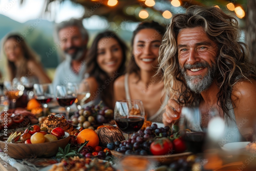 A joyful gathering around a rustic table with food and wine, showcasing friendship and celebration A joyful gathering around a rustic table with food and wine, showcasing friendship and celebration