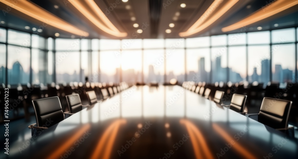  Modern boardroom with cityscape view, awaiting a meeting