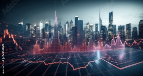  Cityscape with financial data overlay, symbolizing economic growth and urban development © vivekFx