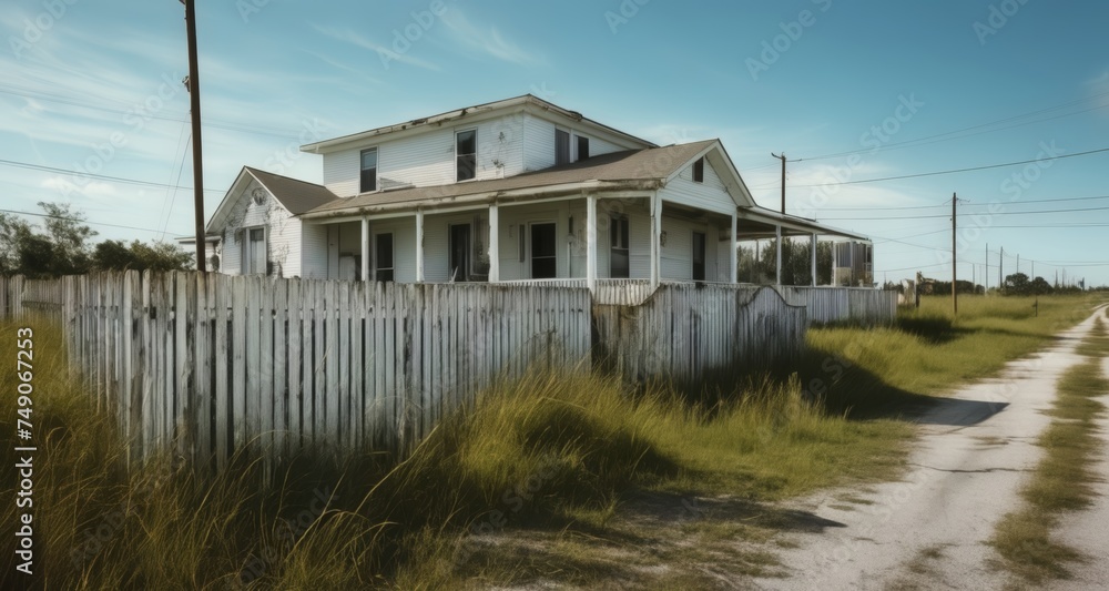 Abandoned house, overgrown with weeds, under a clear sky