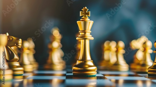 Standing out from the crowd, golden King chess standing in front of other chess, leader must have courage and challenge in the competition, business vision for a win in business games different