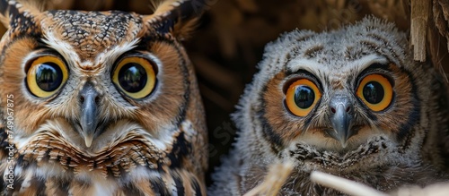 A brown owl and an owl cub are perched next to each other in this close-up shot, showcasing their intricate feathers and piercing eyes.
