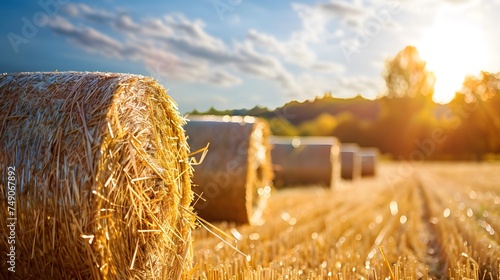 Hay bales in beautiful countryside farm land in sunny day. photo
