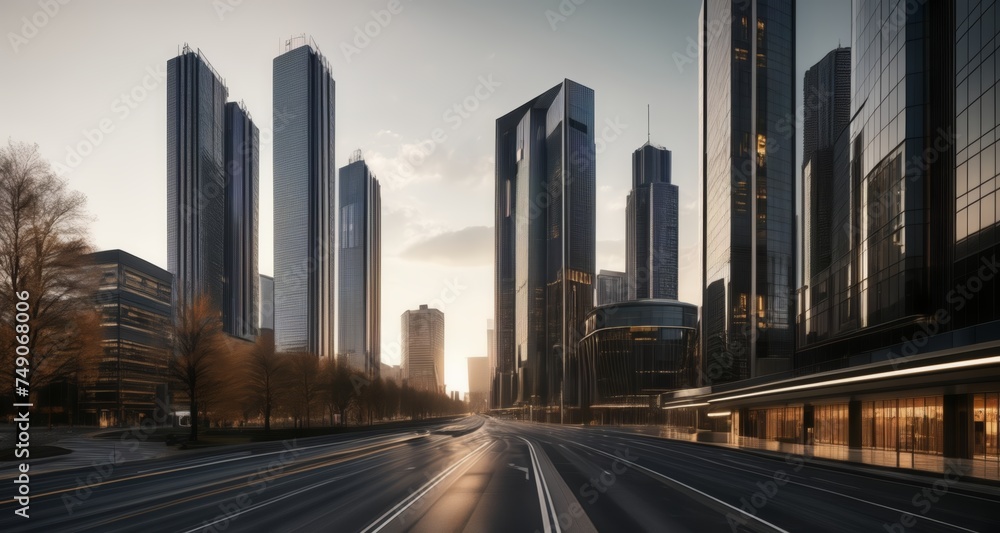  Modern cityscape at sunrise, with sleek skyscrapers and a wide, empty street
