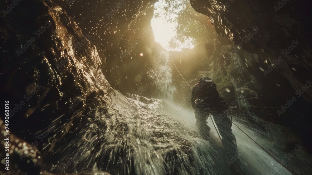 The thrill of rappelling down into a mysterious cave surrounded by the sound of rushing water and the smell of damp earth. - obrazy, fototapety, plakaty 