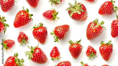 Strawberry Seamless Pattern Realistic Whole Berries, Top View on White Background. 