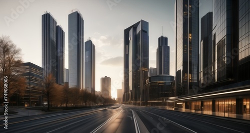  Modern cityscape at sunrise  with sleek skyscrapers and a wide  empty street