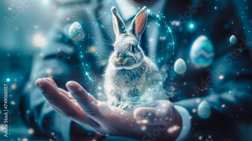 
A businessman is using a laptop, and above him is an Easter bunny with vividly animated Easter eggs floating around him, blending Easter, business, and technology.