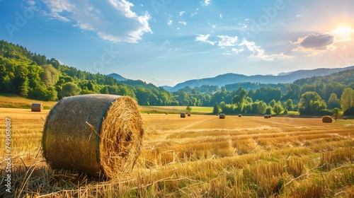 Hay bales in beautiful countryside farm land in sunny day. photo