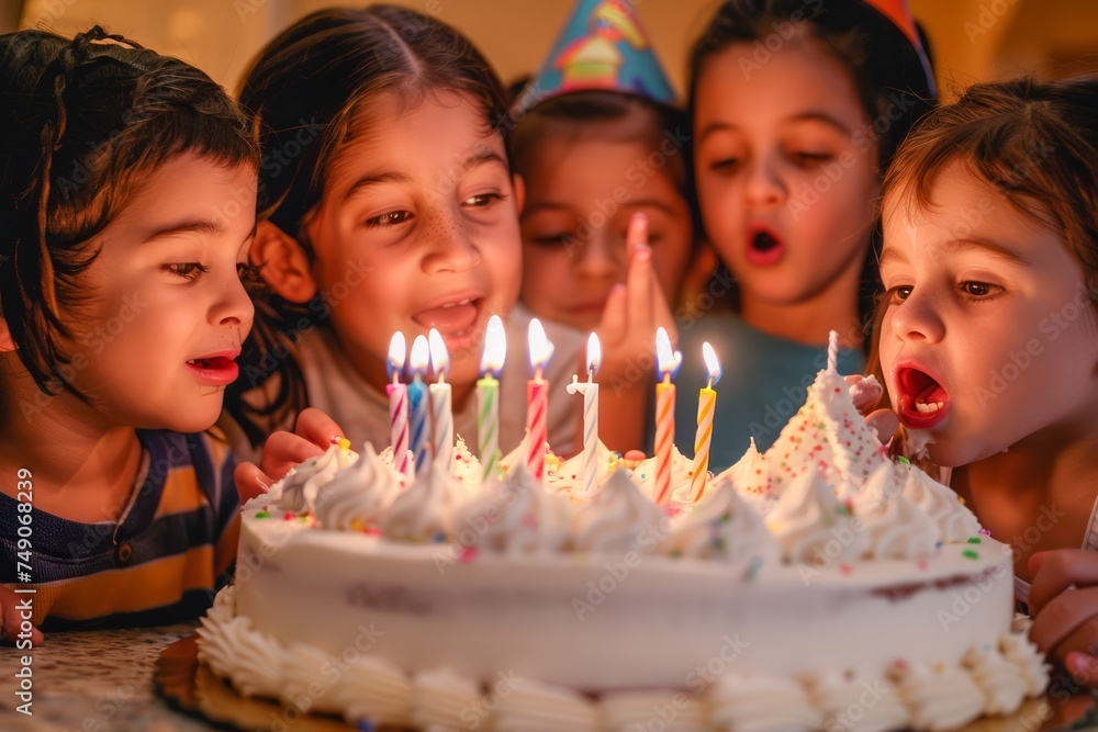 Group of Joyful Children Celebrating Birthday Party Blowing Candles on Cake in Cozy Home Atmosphere