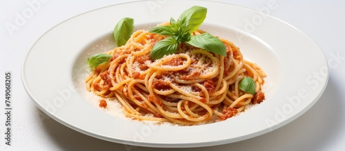 A plate of spaghetti topped with fresh basil leaves and grated Parmesan cheese is displayed on a white tabletop. The dish looks appetizing and ready to be enjoyed.