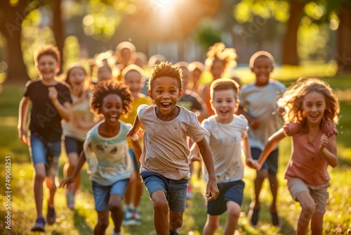 Group of Joyful Children Running Together in Sunny Park During Golden Hour, Multiracial Kids Playing Outdoors, Childhood Fun and Friendship