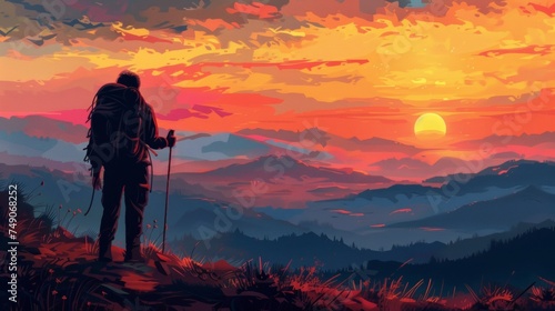 A lone hiker braving the untamed wilderness with only a backpack and a walking stick to guide . The sun is setting in the distance painting the landscape in warm fiery