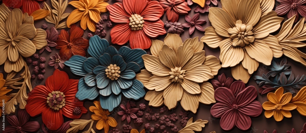 A variety of vibrant and intricately carved flowers adorn a golden marble wall, creating a visually striking display of art and craftsmanship. The flowers stand out against the luxurious backdrop