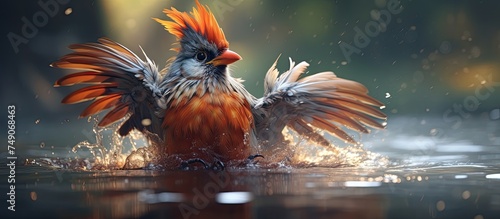 A male firebird Cabai Bunga Api with striking red and black plumage is spreading its wings while bathing in the water during the morning. The birds vibrant colors stand out against the serene blue photo
