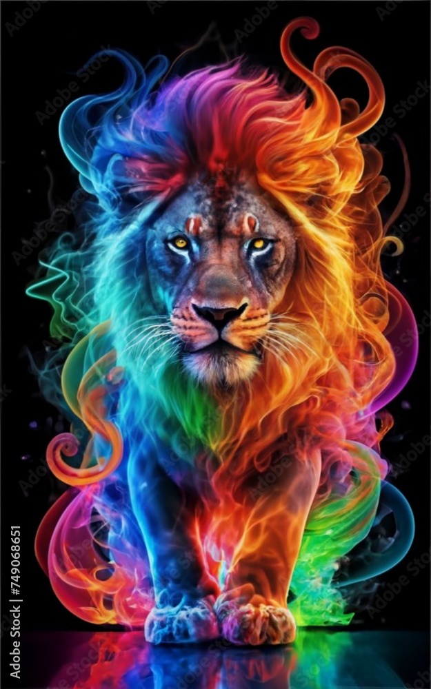 lion head with rainbow smoke on black background