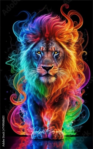 lion head with rainbow smoke on black background