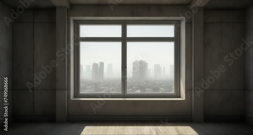  A serene view of a city skyline from a minimalist room