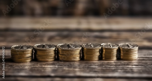  Stacked gold coins on wooden surface, symbolizing wealth and prosperity