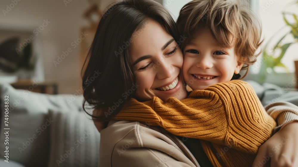 Mom hugging son with love