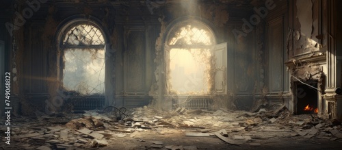 An abandoned room filled with rubble and debris  creating a disheveled and unkempt appearance. Dust covers the surfaces  giving a sense of neglect and decay.