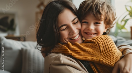 Mom hugging son with love