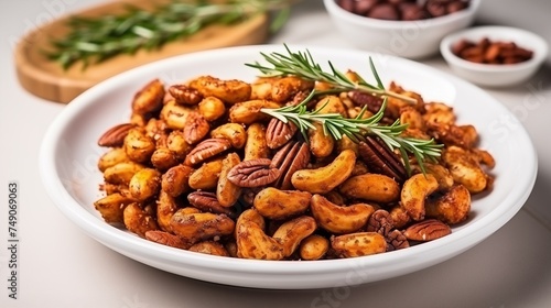 SPICED NUTS Cayenne, Garlic, Rosemary , on a white round plate, on a white background, top view © Денис Никифоров