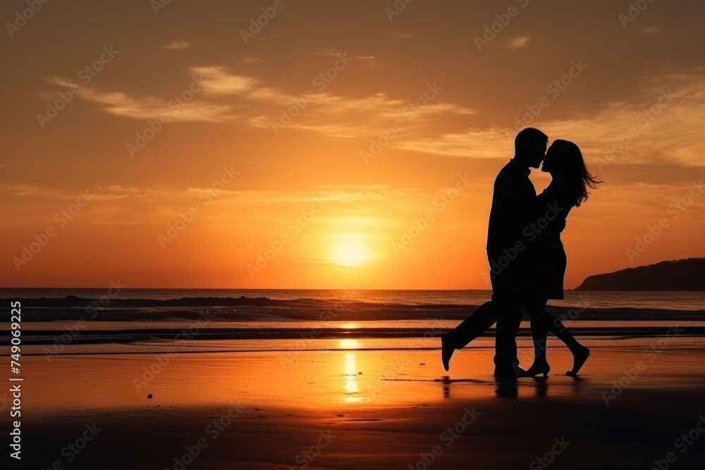 A silhouette of a couple sharing a kiss on the beach with the sun setting over the horizon. Romantic Silhouette of Couple Kissing at Sunset on Beach