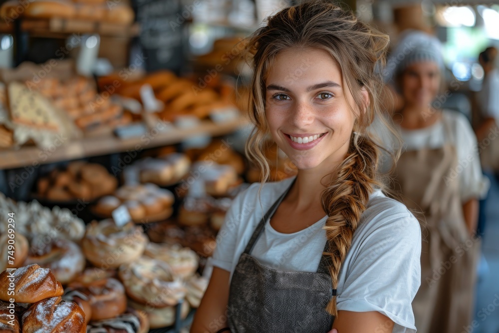 Cheerful bakery assistant with a long braid and a bright smile in front of bread display