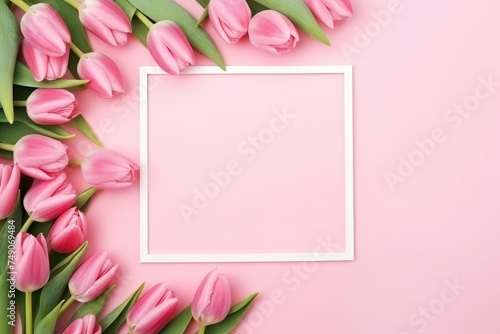 Blank white frame surrounded by a border of elegant pink tulips. Elegant Tulips Bordering Blank Frame on Pink © Оксана Олейник