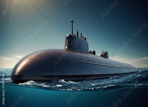 A submarine at sea or in the ocean. The military research vessel is modern. Underwater transport. Secret expeditions and research.